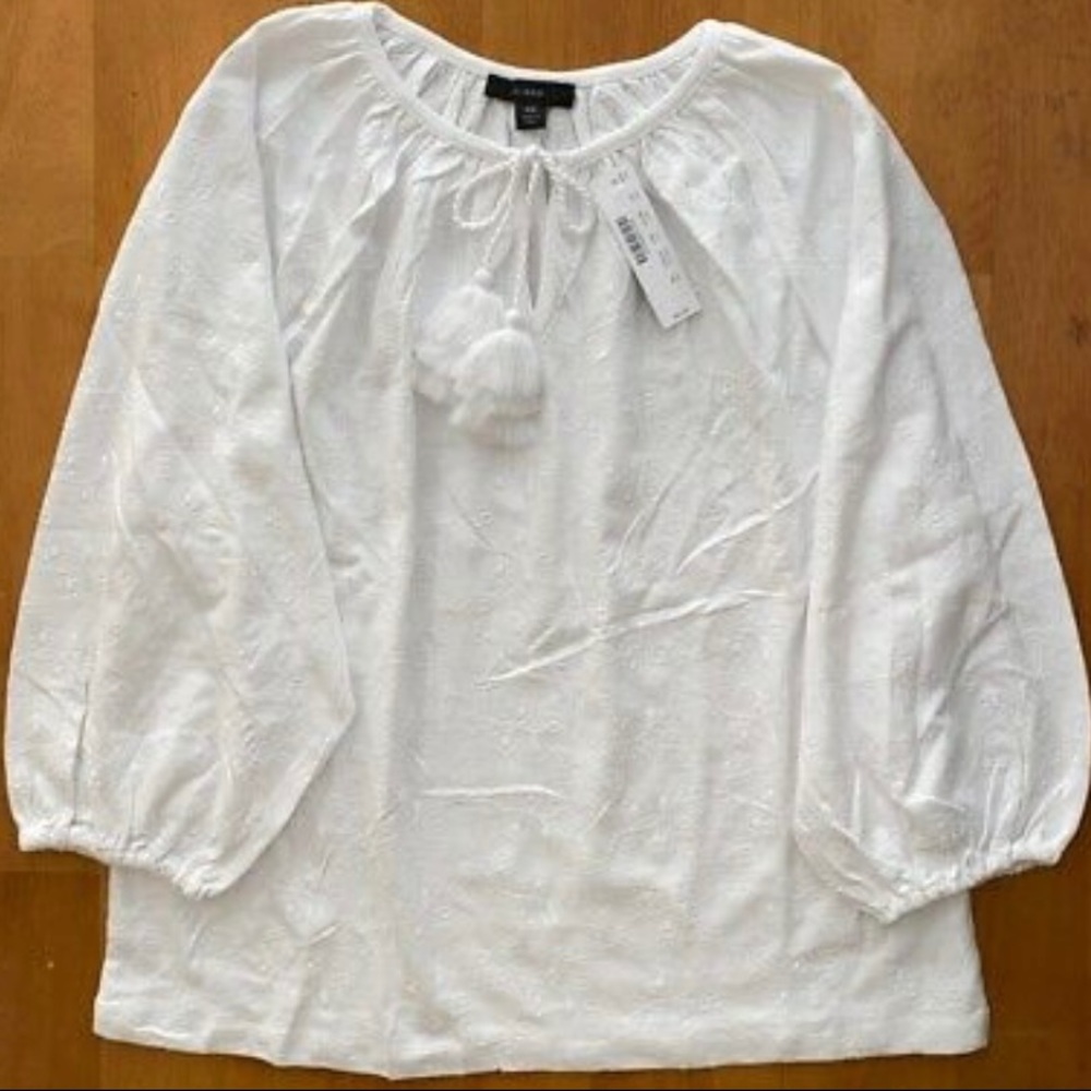 NWT J. Crew 3/4 Balloon Sleeve White Eyelet Top with tassels, Small